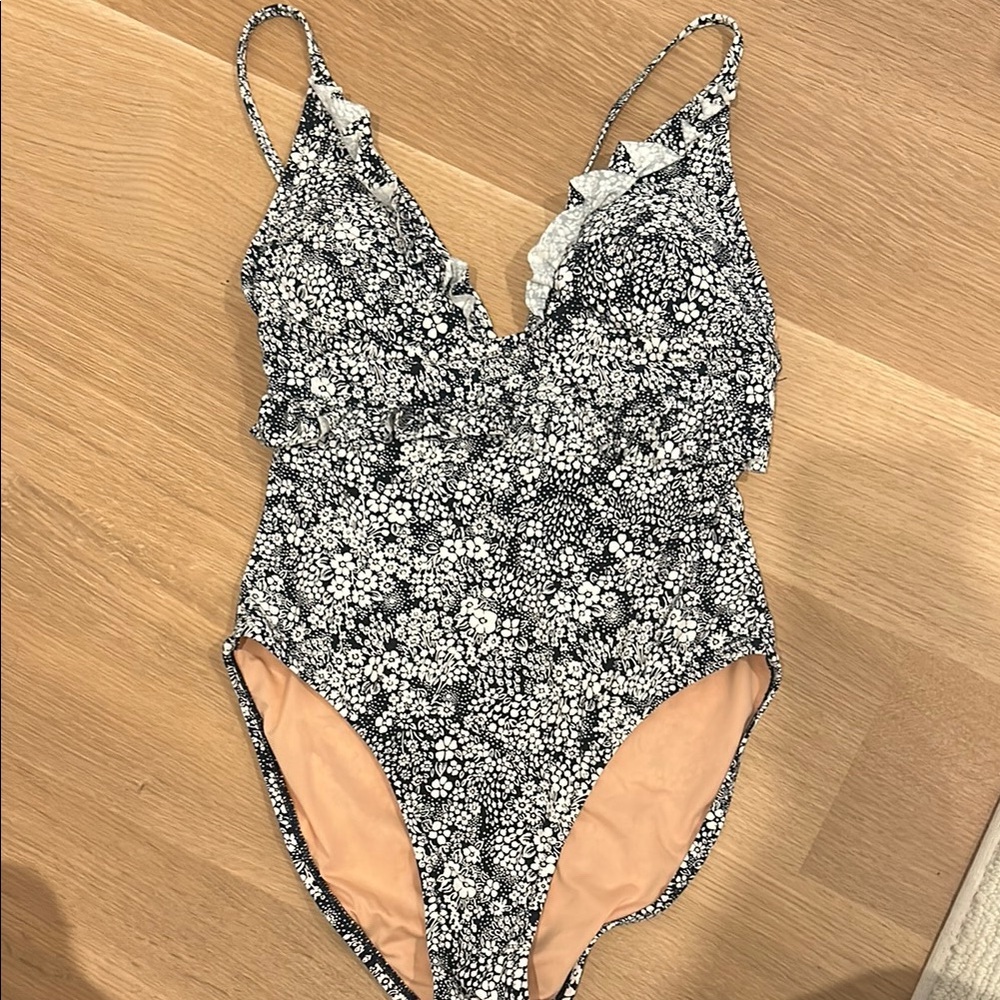 J. Crew Black and Cream Floral One-Piece